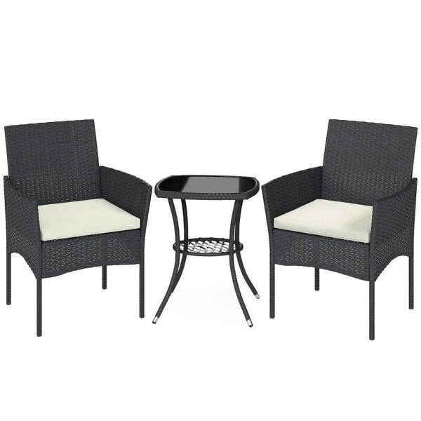 3 Piece Rattan Bistro Set, PE Wicker Garden Furniture Conversation Set with 2 Tier Glass-Top Table, Chairs, Cream White