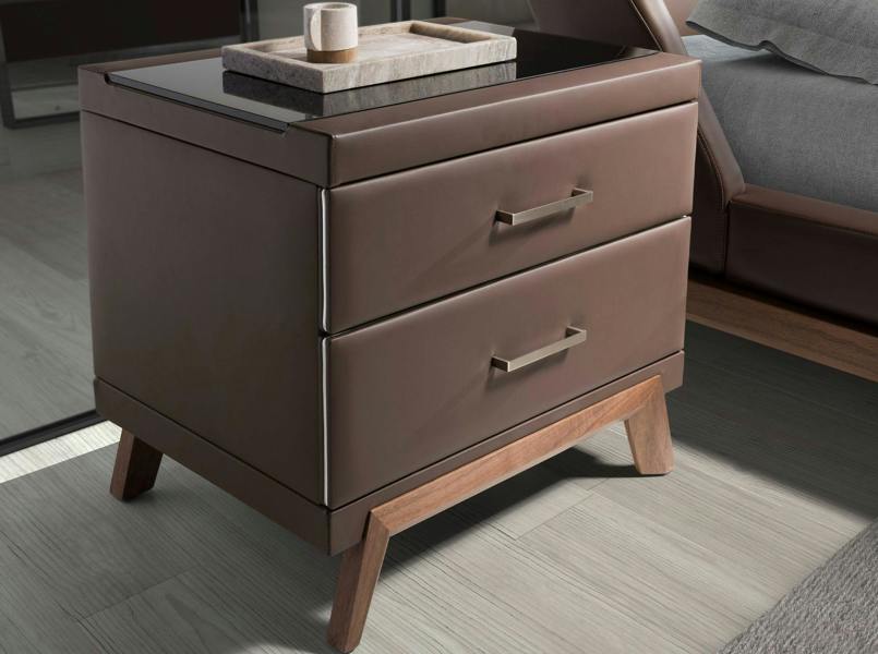 Angel Cerdá Leatherette Bedside Table, Walnut With Black Glass Top 7162