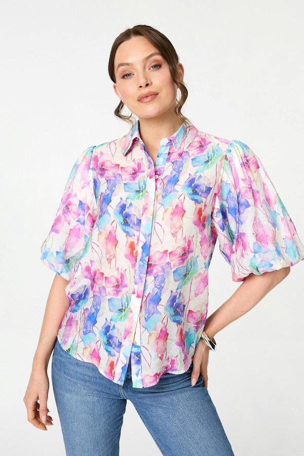 Pink | Abstract 1/2 Puff Sleeve Boxy Blouse
