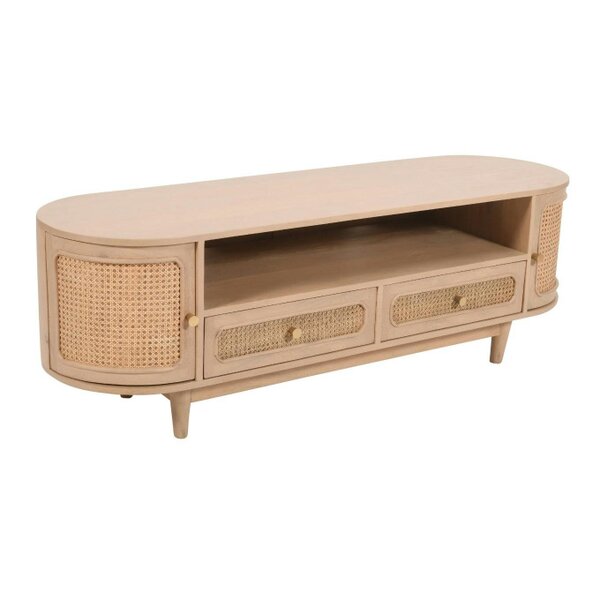 Wyld Haus Chicago Cane Rattan and Natural Mango Wood 2 Drawers and 2 Door TV Cabinet
