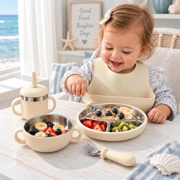 Maison des Cadeaux Baby Feeding & Weaning Set with Stainless Steel Plate, Bowl, Bib, Cup & Cutlery
