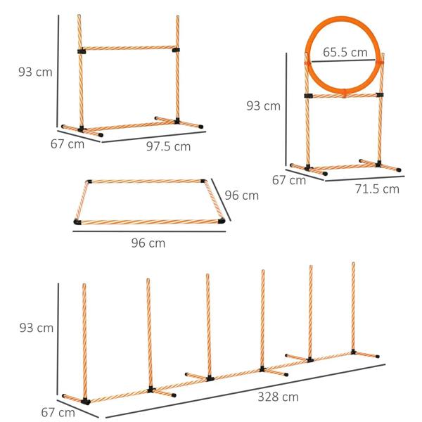 Orange-and-white agility hurdle and ring hurdle layout with size measurements diagram