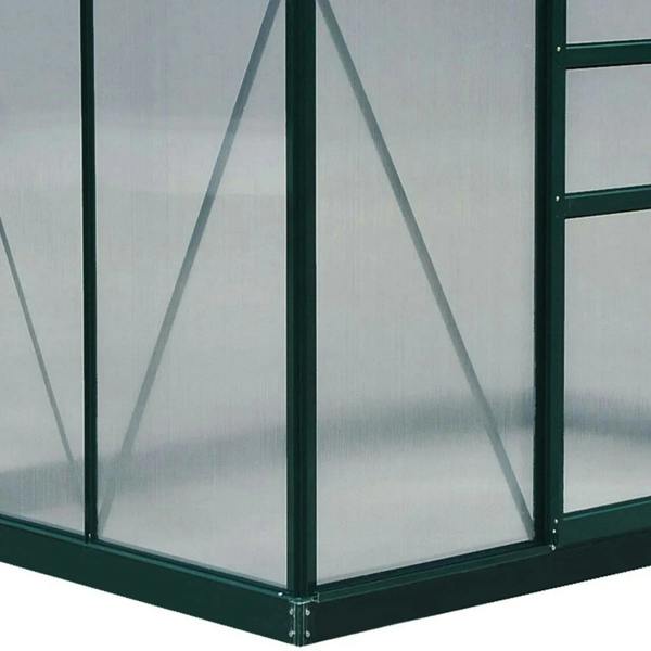Dark green greenhouse base frame with transparent polycarbonate panels and corner supports