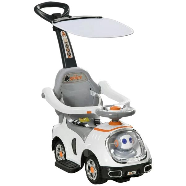 White ride-on push car toy with handle, robot face front and foot-to-floor slider