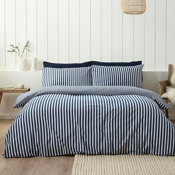 Catherine Lansfield Brushed Stripe Cotton Reversible Duvet Cover Set Navy Blue