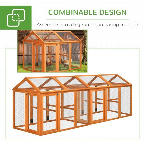 Orange combinable wooden chicken run section with wire mesh walls and pitched roof
