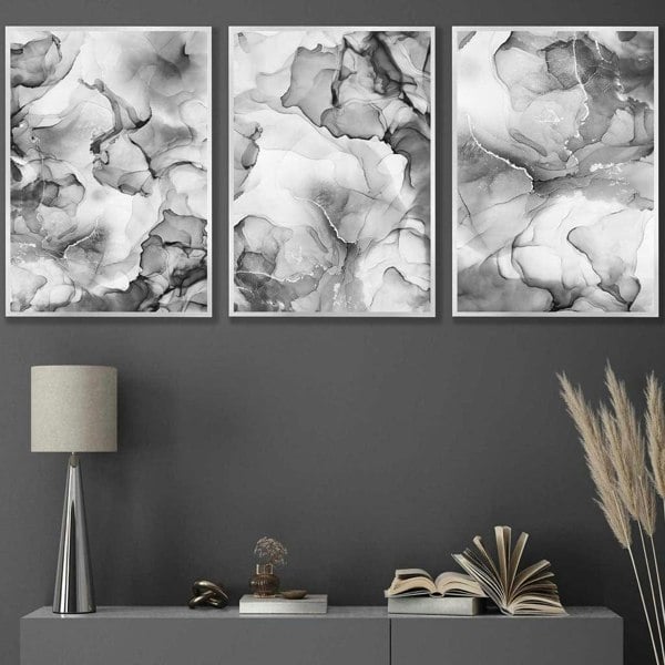 Artze Wall Art Abstract Floral Fluid in Grey Set of 3 Wall Art Prints | Framed