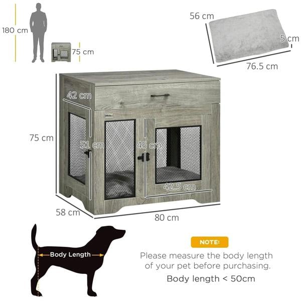 Grey dog crate end table with two side mesh doors; dimension layout diagram.