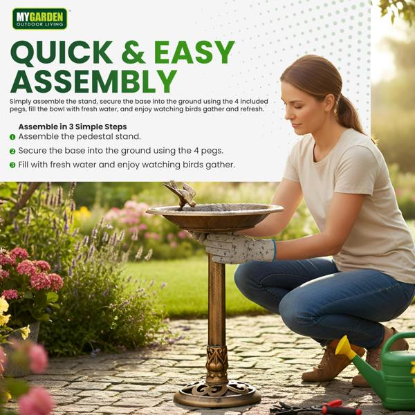 My Garden Outdoor Living My Garden Bird Bath with Ground Pegs Freestanding Bronze Effect Birds Bath for Garden & Patio Use with Wide Shallow Bowl