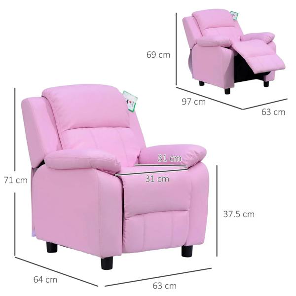 Kids pink recliner armchair with padded backrest and folding footrest