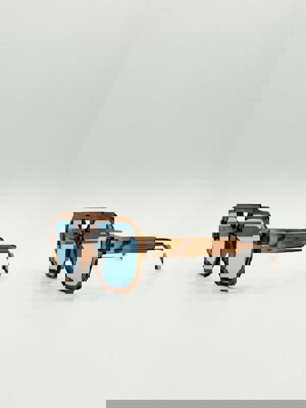 SVNX Angular Navigator style sunglasses in Brown with blue Lenses