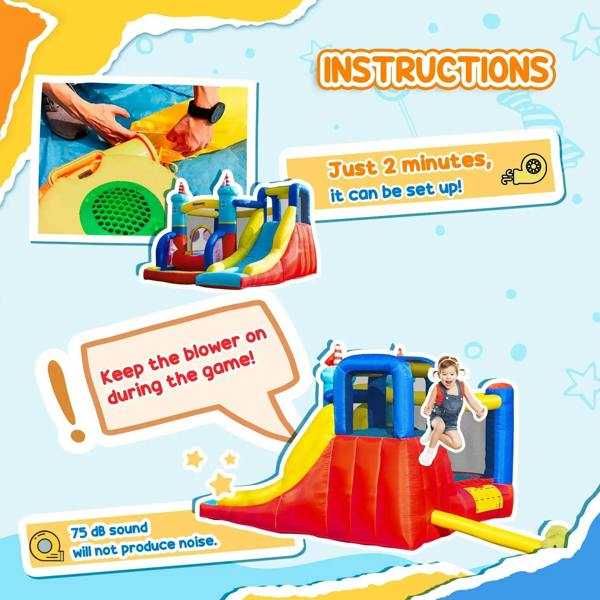 Inflatable bounce house setup with air blower, shown on slide and climbing area