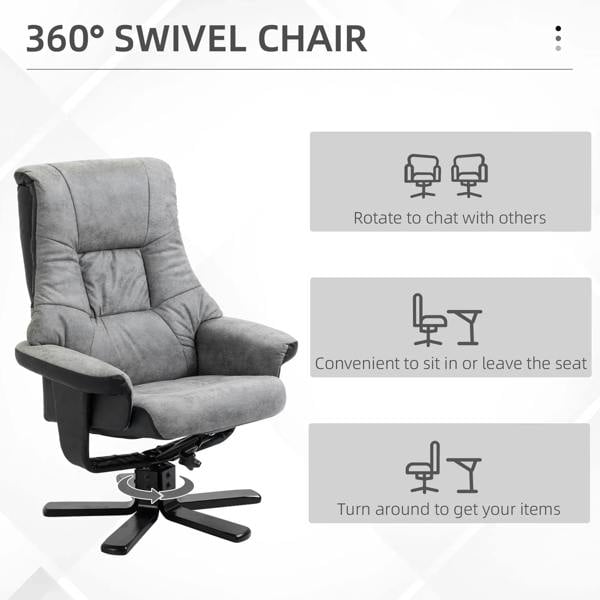 Grey fabric swivel recliner chair with armrests and headrest, black base, upright position.
