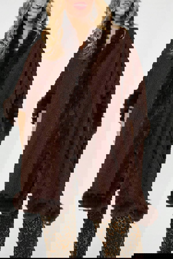 Brown | Faux Fur Trim 3/4 Sleeve Poncho

