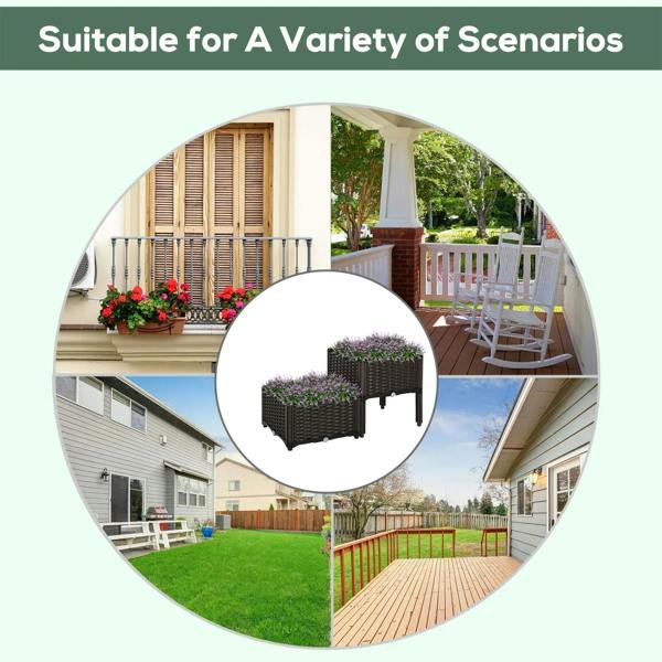 Brown elevated planter box set for patios with rattan-pattern sides on legs