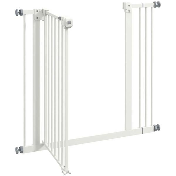 White freestanding-adjustable safety gate with four mounting points and feet