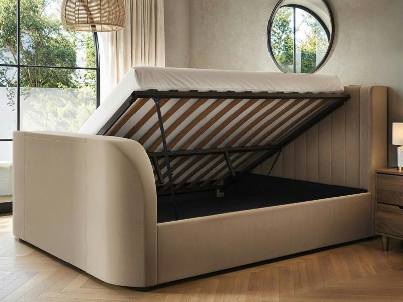 Flair Fallon TV Side Lift Ottoman Bed Beige Velvet