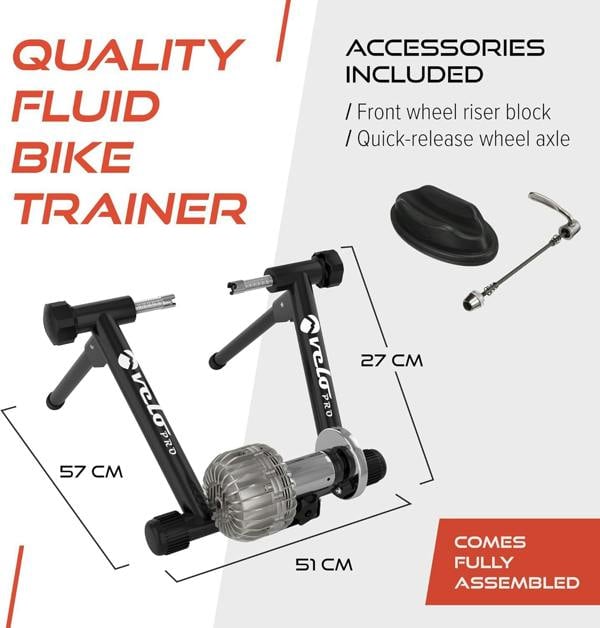 Black Velo Pro Fluid Turbo bike trainer with a sleek black finish, includes front wheel riser block and quick-release lever, fully assembled