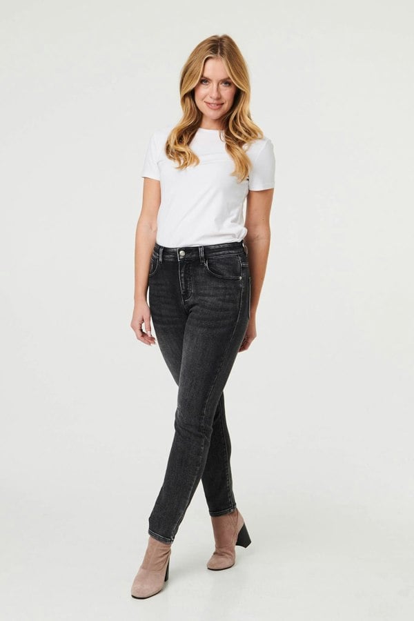 Black | High Waist Washed Texture Slim Jeans
