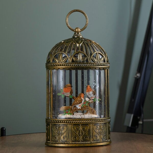 Samuel Alexander 24cm Dual Powered Light up Christmas Cage Water Spinner with Robin Scene & LEDs