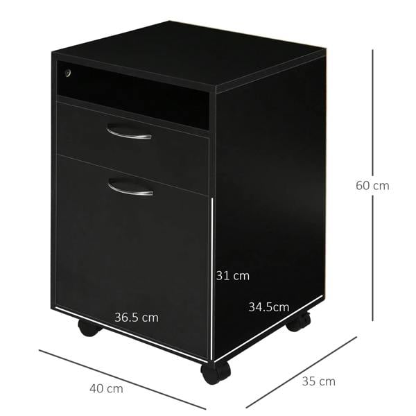 Black mobile filing cabinet with two drawers, side door, and four wheels