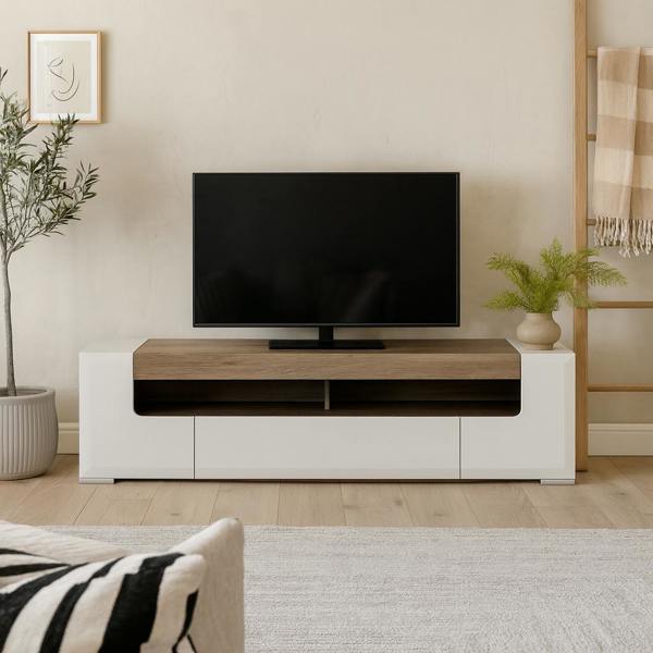 Wyld Haus Porto Wide Gloss White TV Cabinet with Oak Detail 2 Doors and 2 Drawers