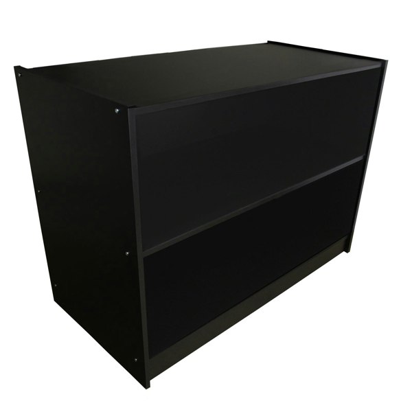 Sleek black retail shop counter with a smooth finish, featuring two spacious shelves for display and storage, ideal for stores