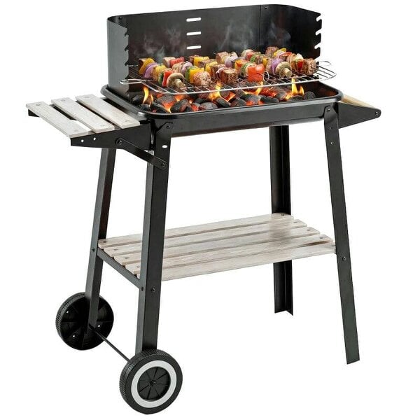 Bobobiy Trolley Charcoal BBQ Barbecue Grill Outdoor Patio Garden Heating Smoker with Side Trays Storage Shelf and Wheels