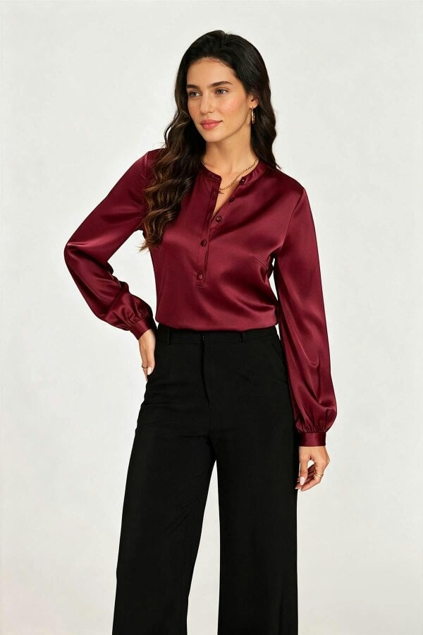 FS Collection Long Sleeve Satin Blouse Top In Wine