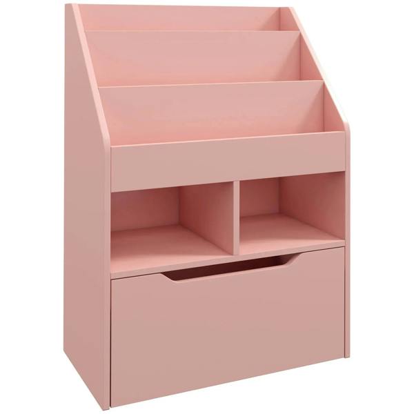 Pink kids bookshelf toy organizer with open cubbies and front storage drawer