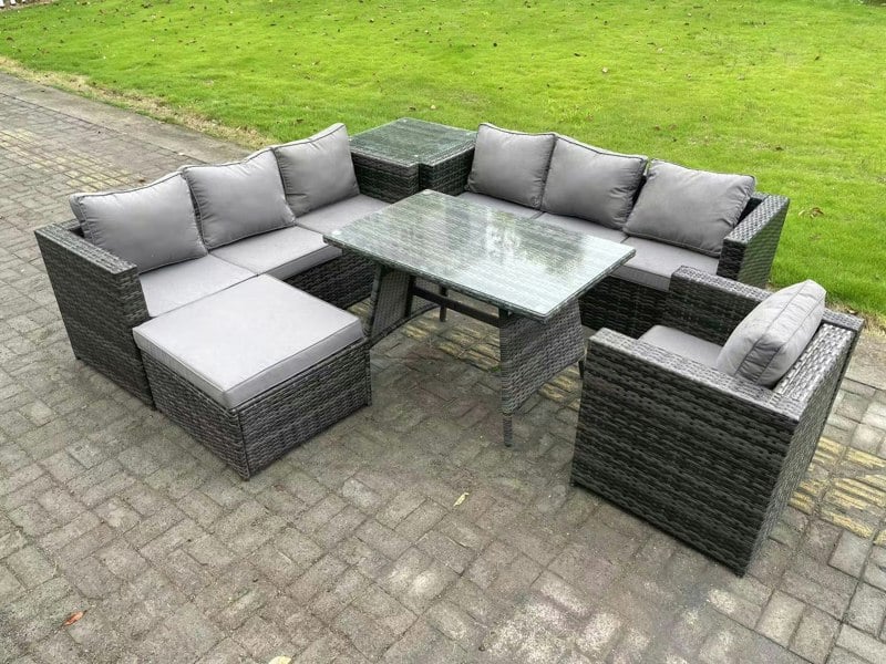 Fimous 8 Seater Wicker PE Rattan Garden Dining Set Outdoor Furniture Sofa with Patio Dining Table Armchair Big Footstool Side table Dark Grey Mixed