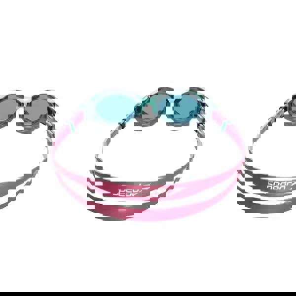 Speedo Biofuse 2.0 female goggles with teal lenses, pink straps, push button mechanism