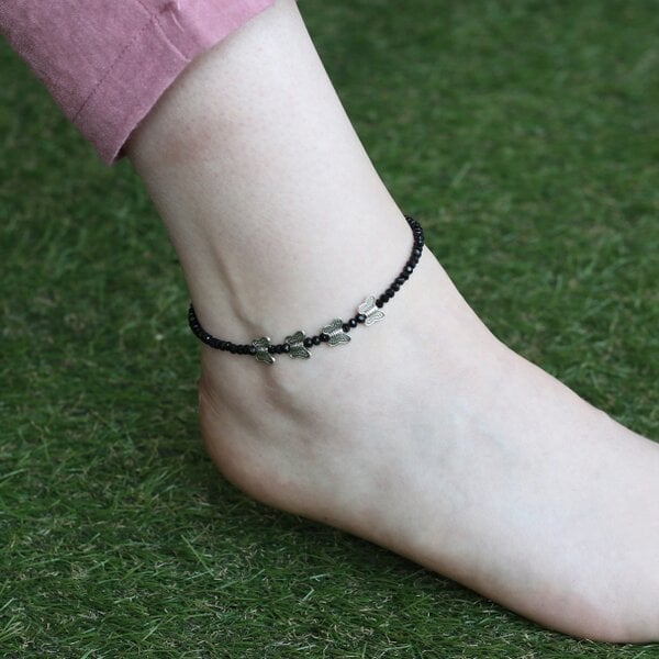 The Colourful Aura Butterfly Charm Black Beaded Nazar Slim Anklet Payal