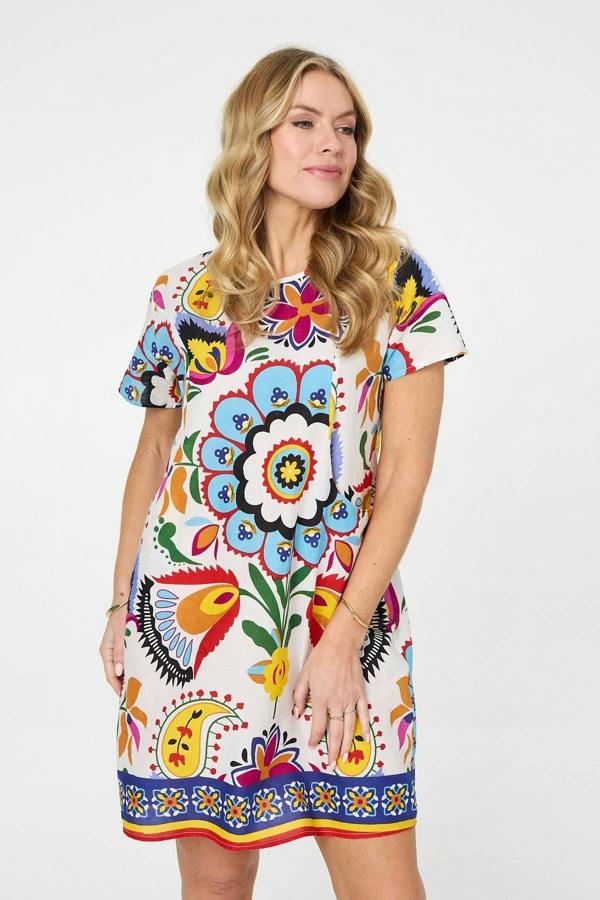 White | Floral Print Knee Length Shift Dress