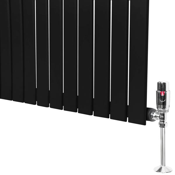 Flat single column radiator in sleek black finish, featuring vertical slats and a chrome valve for modern heating solutions