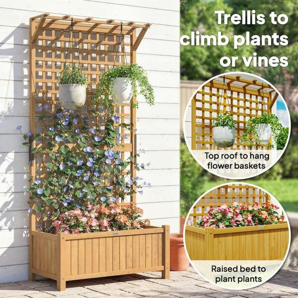 Raised Bed with Drainage Holes, Wood Planter with Trellis for Climbing Plants to Grow Vegetables, Flowers, Yellow