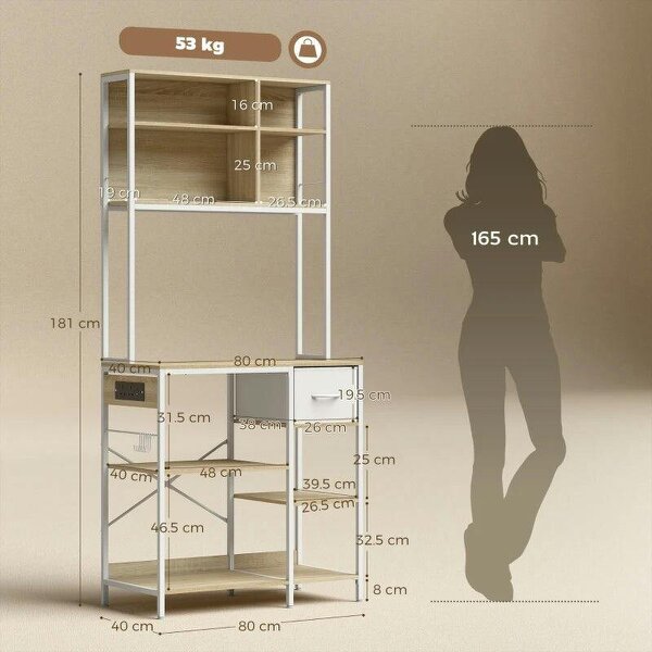 Kitchen Baker's Rack, Microwave Stand with Storage Shelves and 6 Hooks for Small Spaces