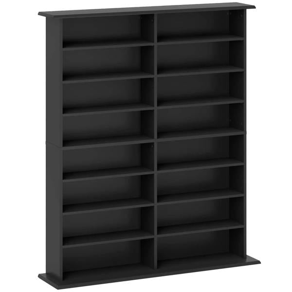 Black 16-compartment media shelf with open cube storage and side panels