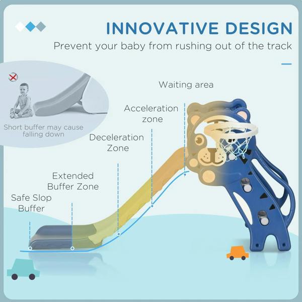 Blue bear-themed baby slide with basketball hoop and curved safe ramp