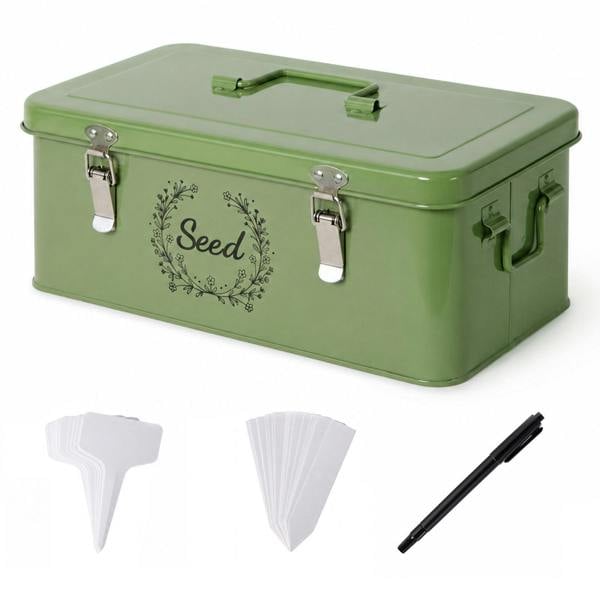 TOQUE Seed Box 4-Compartment Storage Box Metal Seed Organiser Dark Green