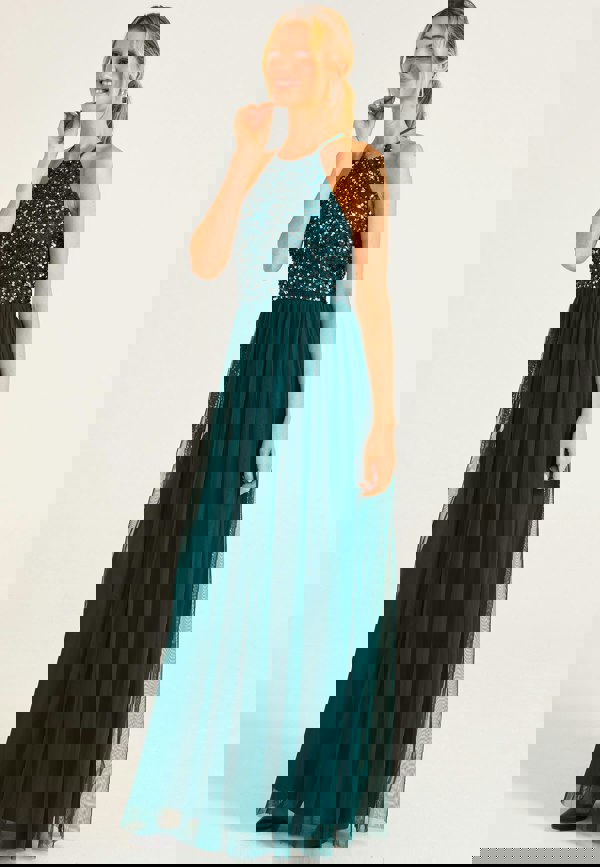Embellished Halter Neck Maxi Dress in Emerald Green - ANGELEYE