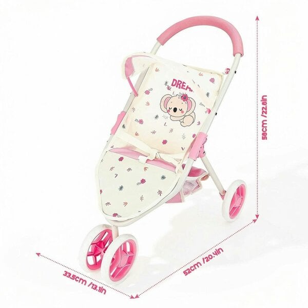 deAO Toys Baby Doll Pram with Retractable Hood – for Dolls up to 42cm, Storage Basket & Safety Harness – Pretend Play Stroller for Kids Ages 3+