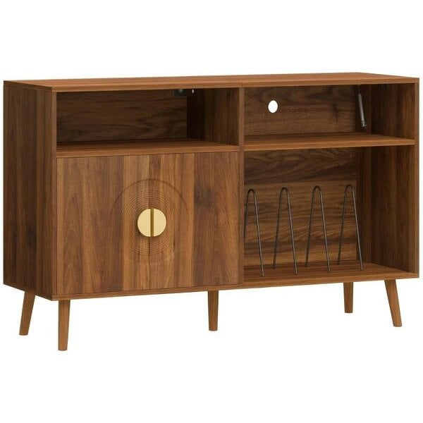 Bobobiy Record Player Stand, Vinyl Record Holder with Storage Holds Up to 300 Albums with Flip-Top Compartment, Walnut