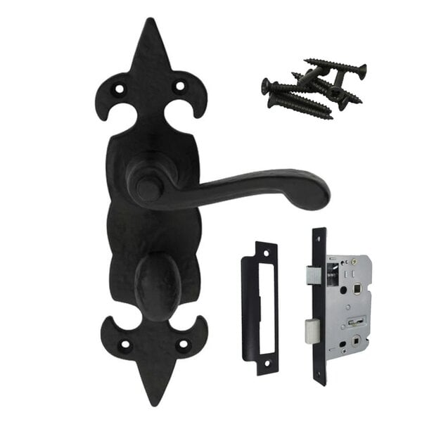EDH Door Hardware Black Cast Iron Fleur-de-Lys Door Handles – Lever Latch, Bathroom Lock & 3 Lever Lock Sets - Bathroom Handle + Bathroom Sash Lock