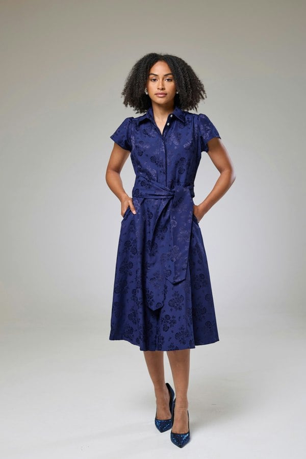 Isha's Timeless collection Royal Blue Petals Short Sleeve Shirt Dress