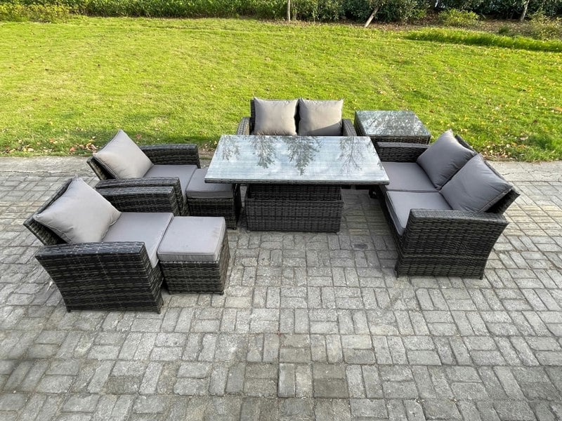 Fimous 8 Seater Dark Grey Mixed Rattan Outdoor Sofa Set - Rising Lifting Table, Double Seat Sofa & 2 Small Footstools