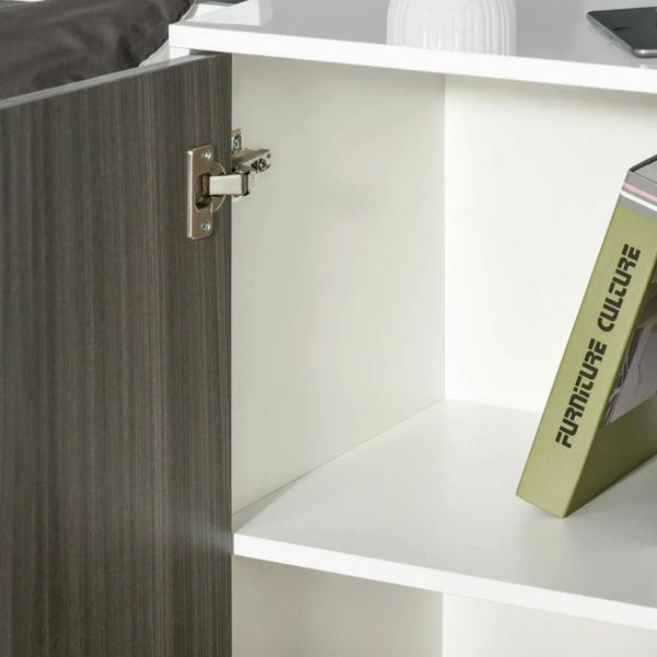 Grey cabinet door hinge with open storage compartment inside the sideboard
