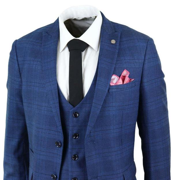 Marc Darcy Mens 3 Piece Blue Birdseye Check Classic Suit