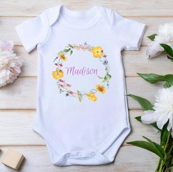 Personalised Colourful Flowers Baby Grow, Vest or Bib with Name