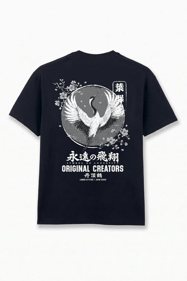London Attitude Japanese Crane Oversized Heavyweight Back Print T-Shirt